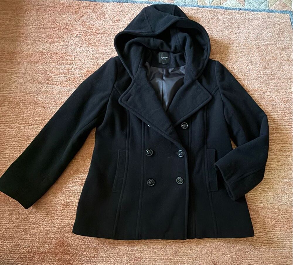 Braetan Black Wool Blend Hooded Peacoat Size L Double Breasted